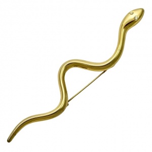 Gold Plated Snake Brooch with Rhinestone Eyes circa 1980s